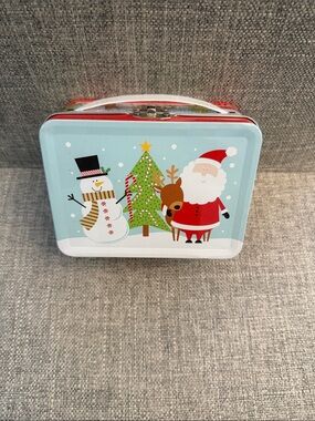 Holiday Tin Lunchbox - Santa & Snowman Design in Light Blue